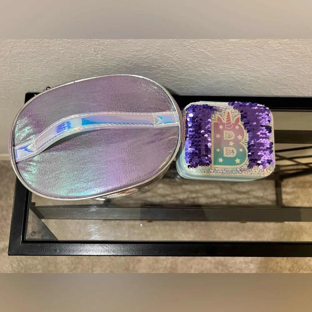 Justice Unicorn Sequin Travel Jewelry Box & Travel Cosmetic Bag w/ 4 Scrunchies